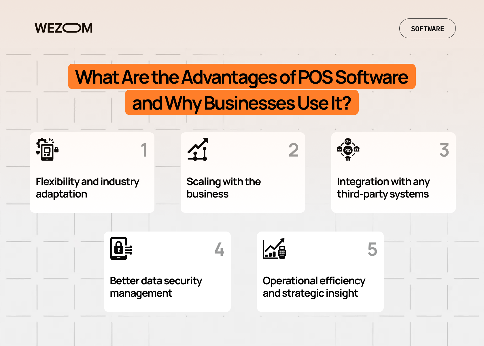 Advantages of POS software for businesses, such as flexibility, scaling, integration, and better data security management. Advantages of POS software for businesses, such as flexibility, scaling, integration, and better data security management.